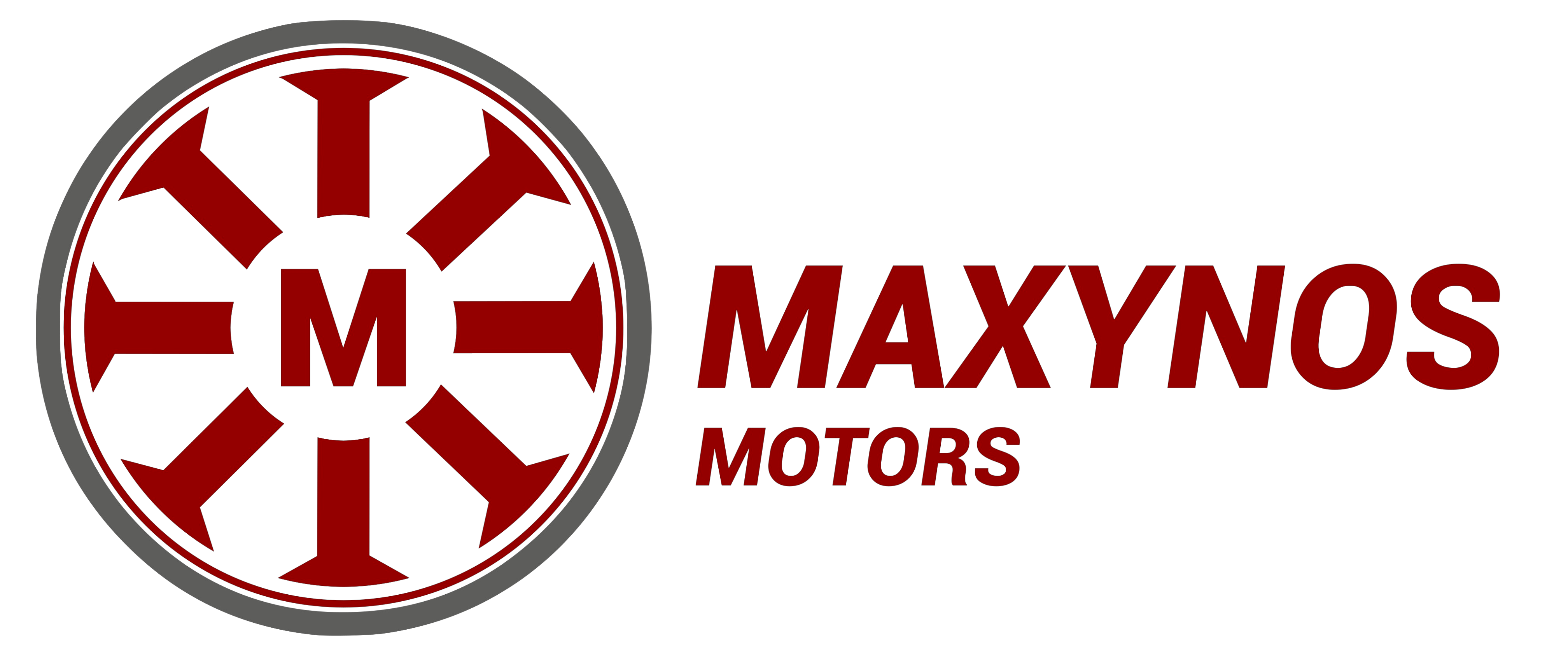Maxynos Motors logo with red and white design on a white background