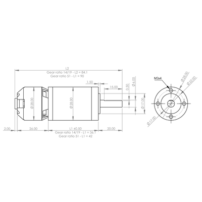 Maxynos THOR 2826 Brushless DC Gear Motor dimensions in mm