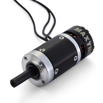 Front view of MAXYNOS THOR 2318 brushless outrunner motor with phase wires and compact motor housing
