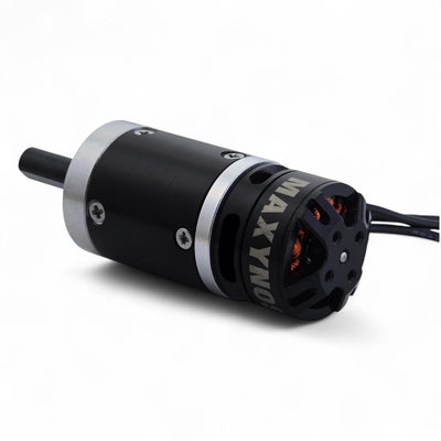 Rear view of MAXYNOS THOR 2318 brushless outrunner motor with phase wires and compact motor housing
