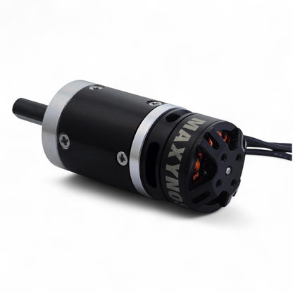 Rear view of MAXYNOS THOR 2318 brushless outrunner motor with phase wires and compact motor housing
