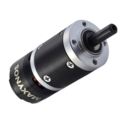 Front view of MAXYNOS THOR 2826 planetary gear motor showing 6mm D-shaped output shaft and threaded mounting holes
