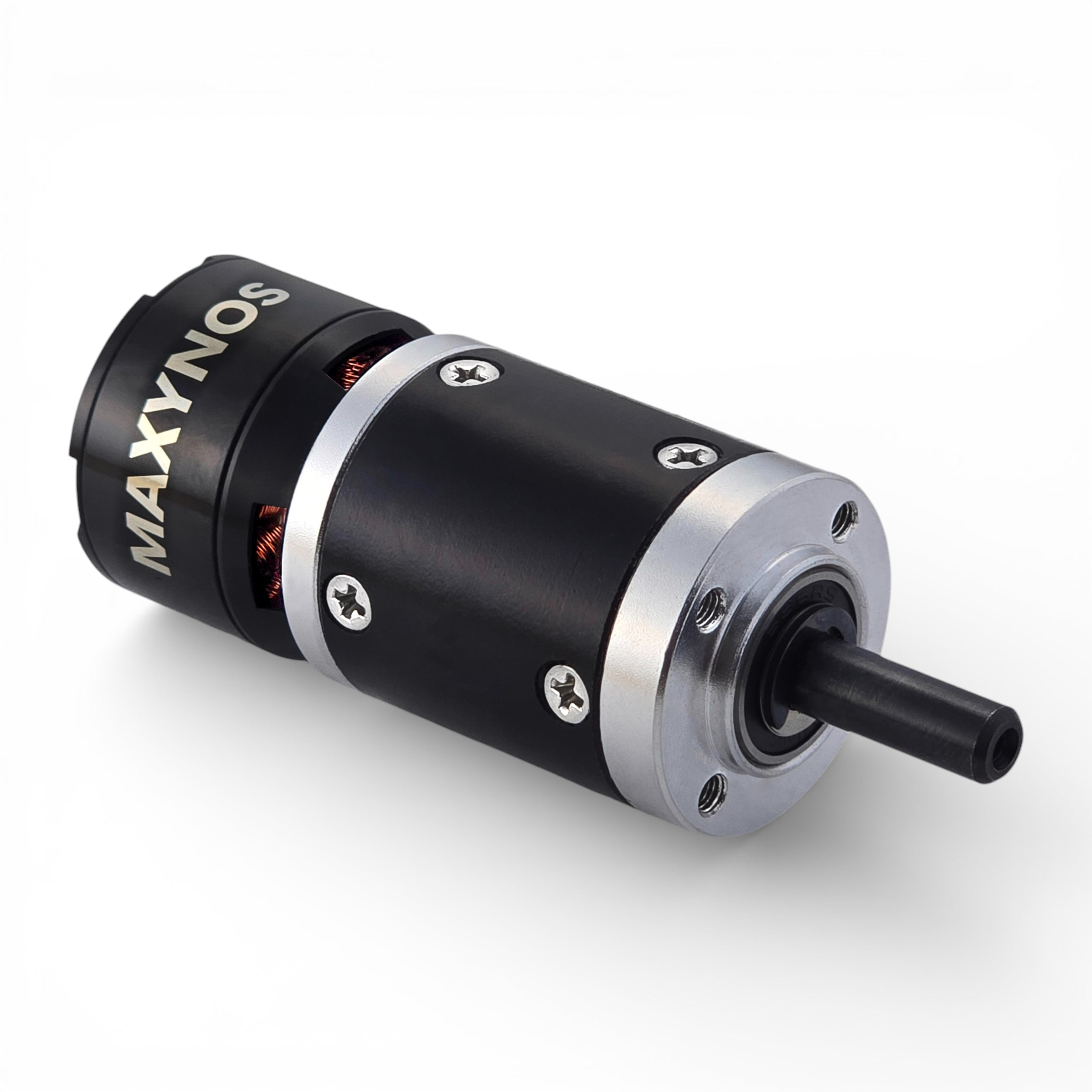Front view of MAXYNOS THOR 2826 planetary gear BLDC motor showing 6mm D-shaped output shaft and threaded mounting holes