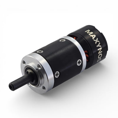 Front view of MAXYNOS THOR 2826 planetary gear motor showing 6mm D-shaped output shaft and threaded mounting holes
