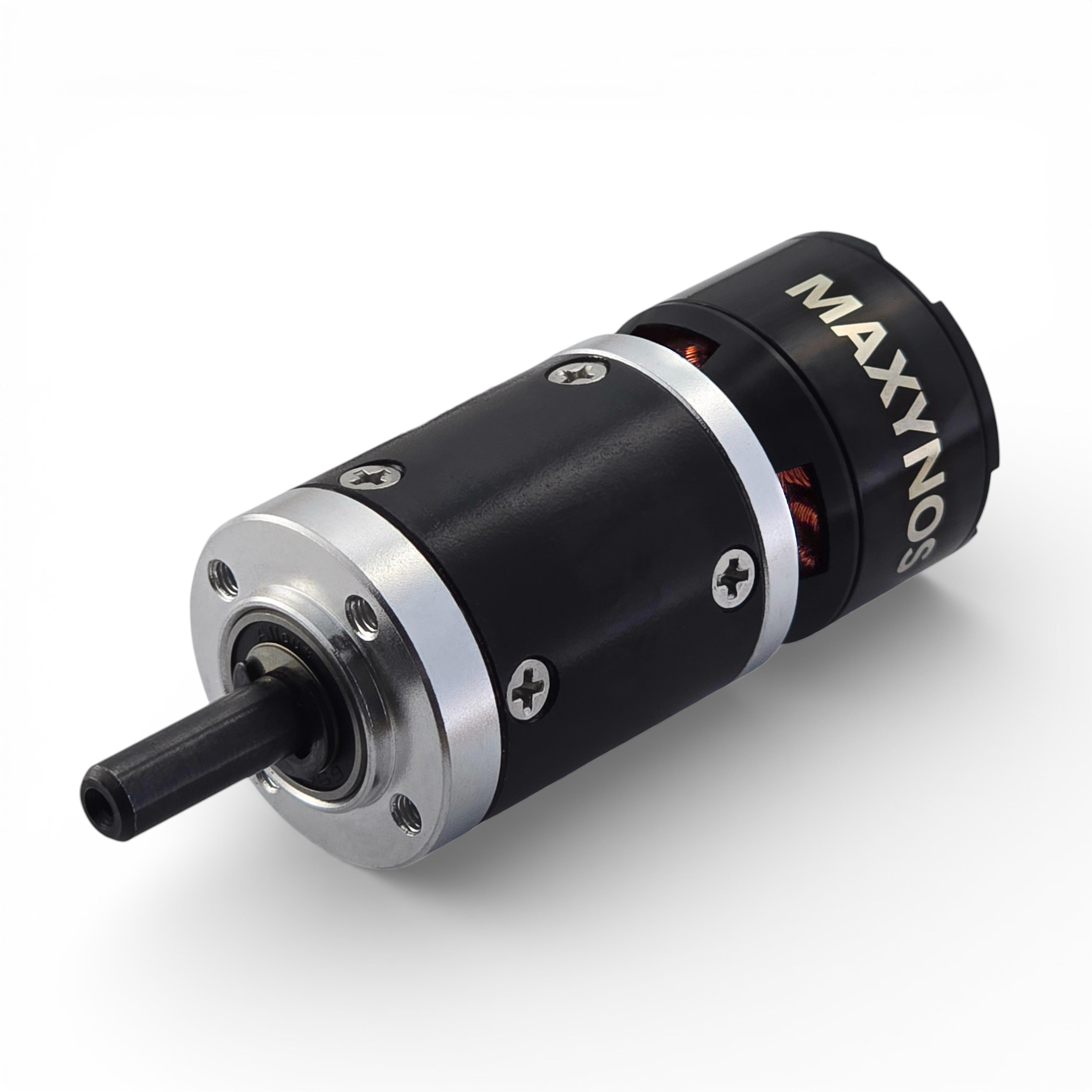 Front view of MAXYNOS THOR 2826 planetary gear motor showing 6mm D-shaped output shaft and threaded mounting holes