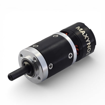 Front view of MAXYNOS THOR 2826 planetary gear motor showing 6mm D-shaped output shaft and threaded mounting holes