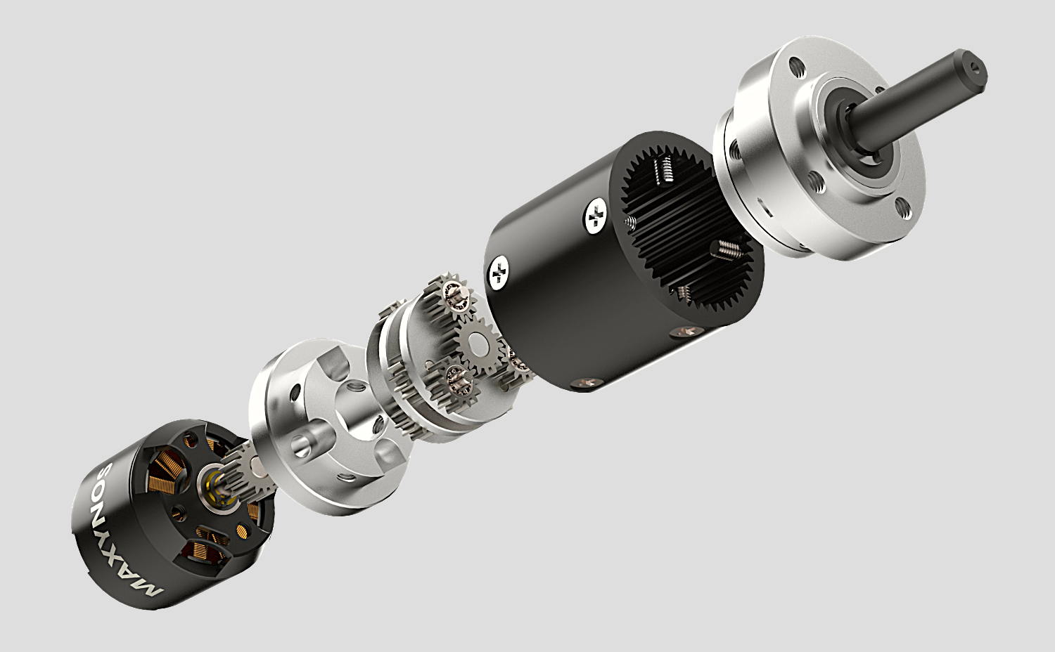 Maxynos THOR 2830 brushless planetary gear motor exploded view showing internal gearbox components