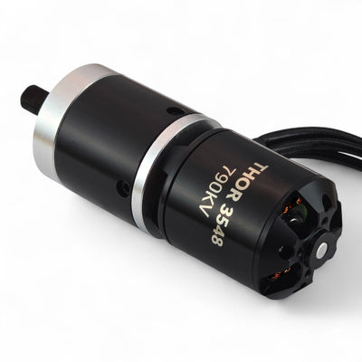 Rear view of MAXYNOS THOR 3548 790KV brushless outrunner motor with phase wires and