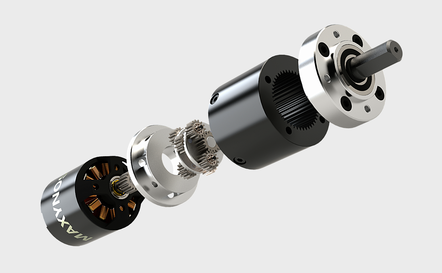 Maxynos THOR 3548 brushless planetary gear motor exploded view showing internal gearbox components