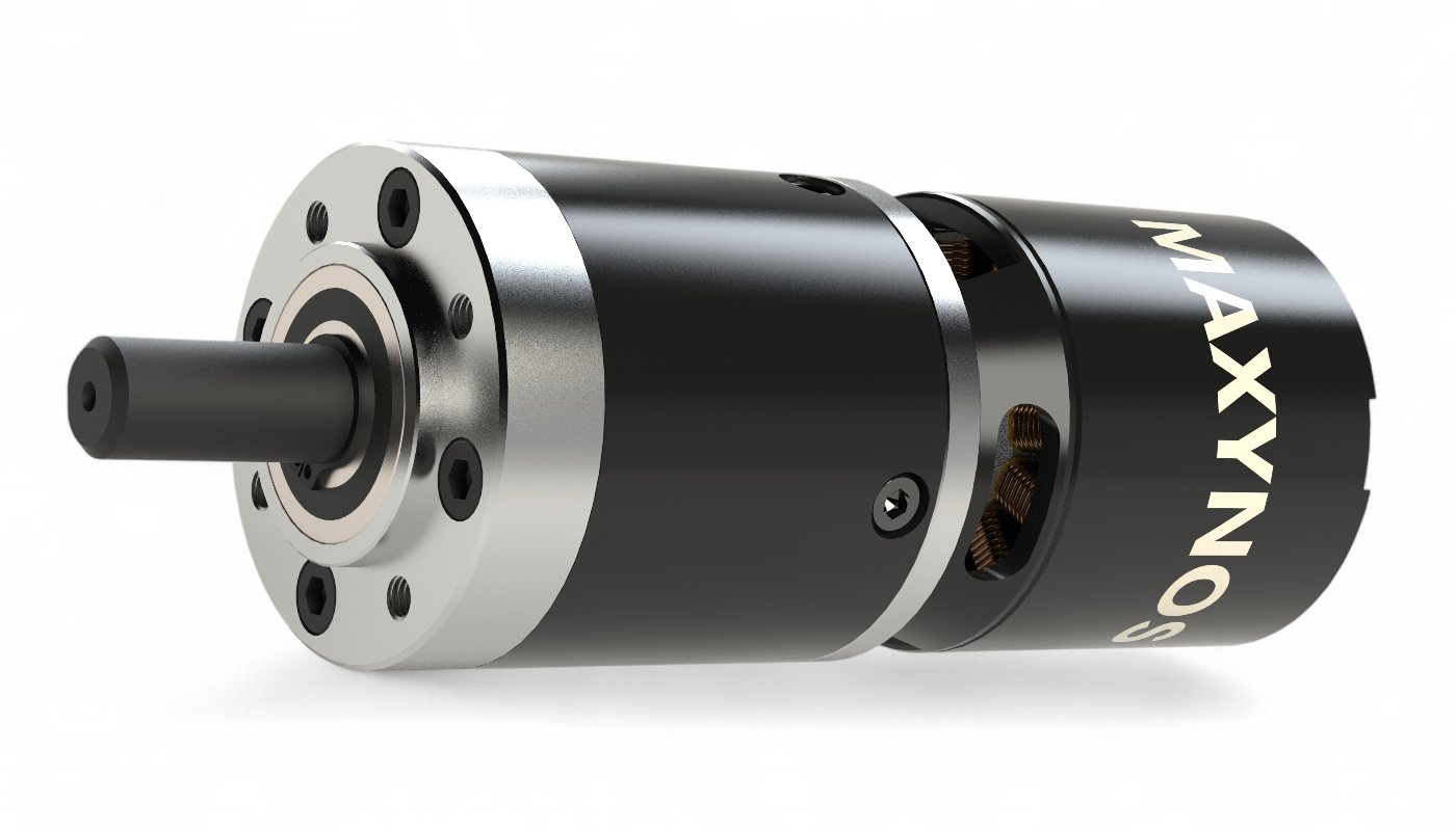 Maxynos THOR 3548 brushless planetary gear motor 3D render showing aluminum housing and output shaft