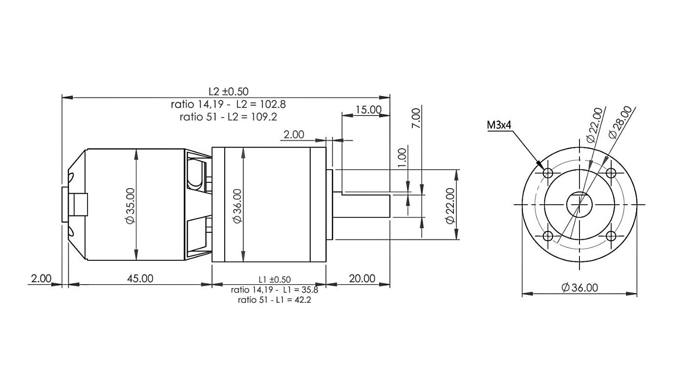 Maxynos THOR 3548 brushless planetary gear motor 2D dimension drawing showing mounting holes, shaft diameter, and overall length