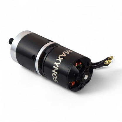 Rear view of MAXYNOS THOR 3548 brushless outrunner motor with phase wires 