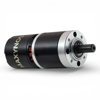 Rear view of MAXYNOS THOR 3548 brushless outrunner motor with phase wires and encoder port