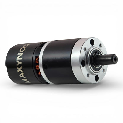 Rear view of MAXYNOS THOR 3548 brushless outrunner motor with phase wires and encoder port
