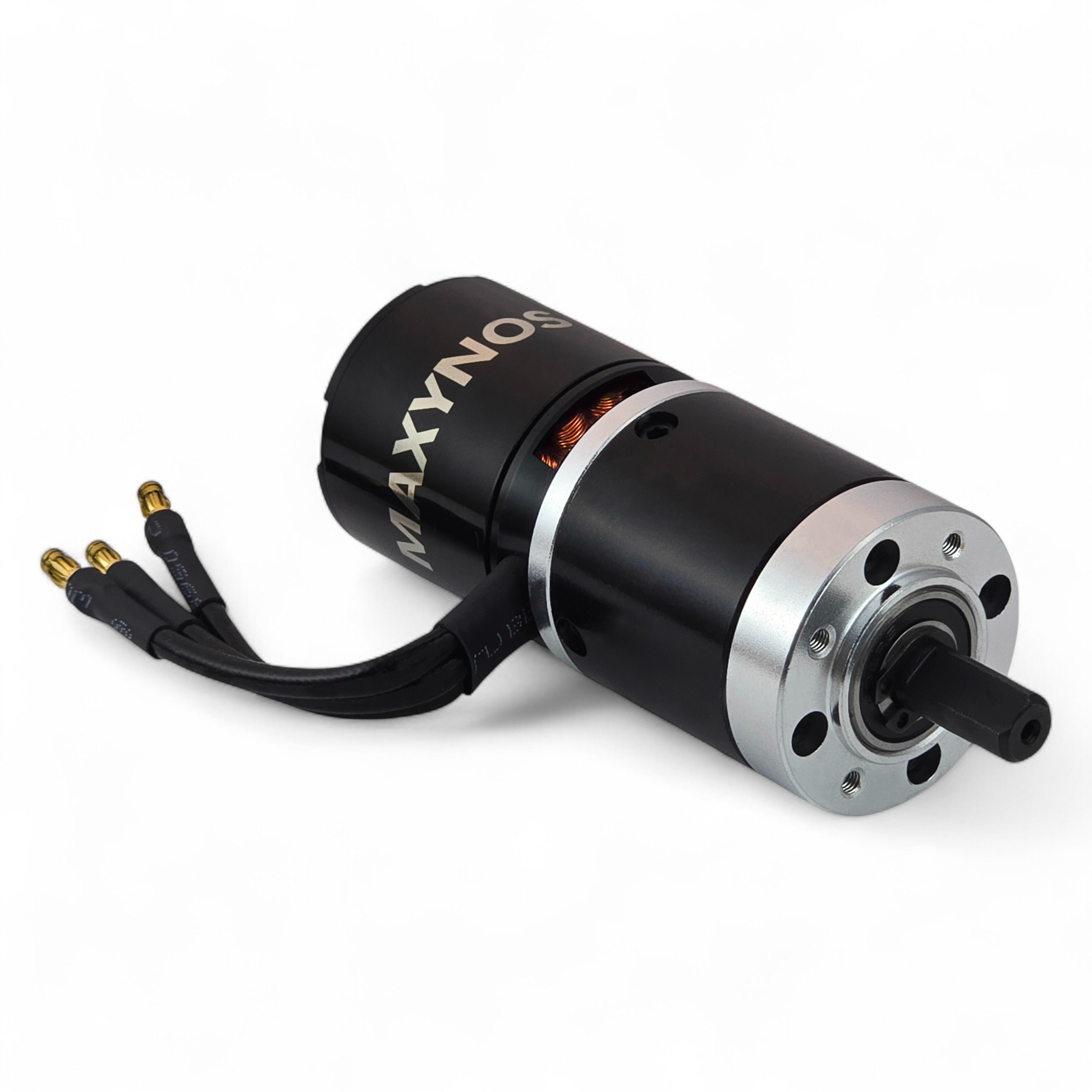 MAXYNOS THOR 3548 planetary gearbox motor showing compact length and metal housing with black casing and visible branding on a white background